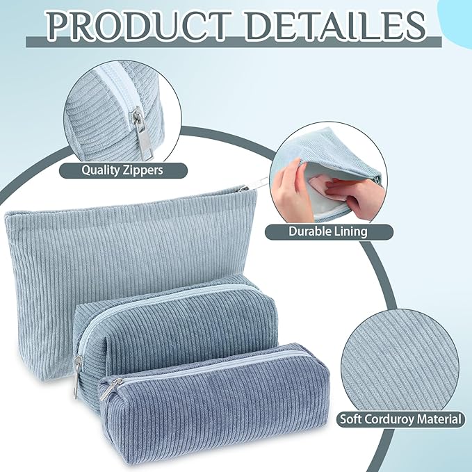 Huhumy 3 Pcs Makeup Bag Set for Women Corduroy Cosmetic Pouch Aesthetic Smile Travel Toiletry Bag Cute Purse Pouch Pencil Case Makeup Brushes Storage Organizer for Valentine(Blue,Gradient)