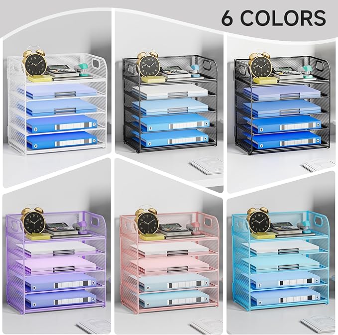 5-Tier Stackable Paper Organizer with Handle, White Metal Mesh Desk Organizer Letter Tray | Office Storage & Organization for Home, School & Workplace