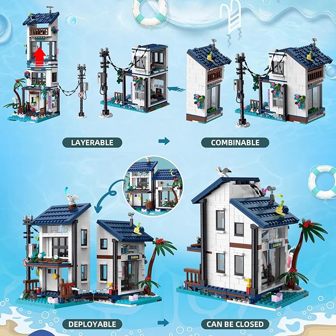 Creative 3 in 1 Vacation Beach House Building Set, Compatible with Lego Friends Seaside Villa, Girls Dream House Construction Educational Toy with Light, Birthday Gift for Kids Aged 6-12 (813 PCS)