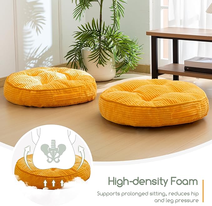 Washable Floor Pillow Cushion for Adults, Meditation Cushion Pillow, Large Round Floor Sitting, Removable Tufted Corduroy Cover, for Tatami Living Room or Yoga, 22x22 Inch, 2Pack, Machine Washable