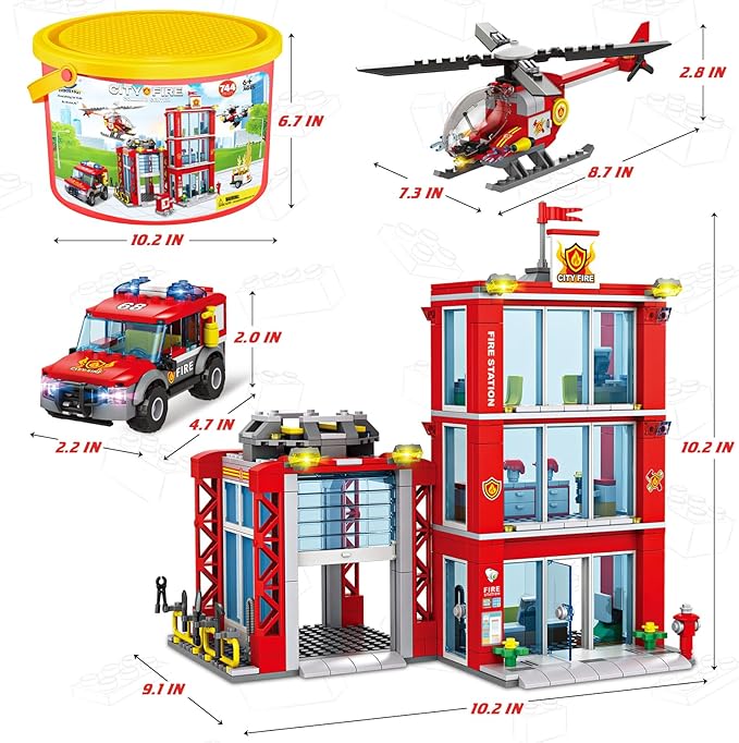 City Fire Station Building Blocks Set with Fire Truck, Fire Rescue Helicopter,Drone & Fire Engine Toys,Fire Command Center Playset, Firefighters Roleplay Toy Gifts for Kids Boys Girls Ages 6+(744PCS)