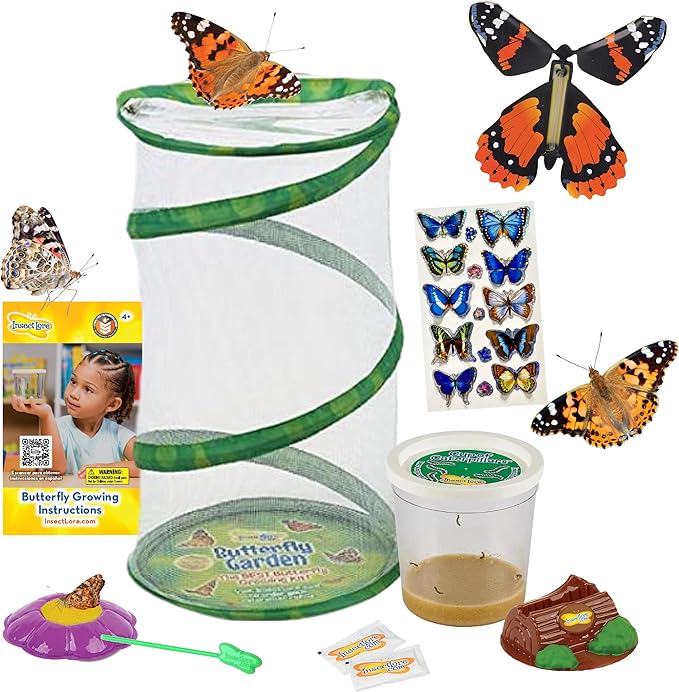 Insect Lore Butterfly Garden Gift Set | 8" Habitat with Live Cup of Caterpillars | Stickers and Extras Included | Life Science & STEM Education Kit | Grow Painted Lady Butterflies