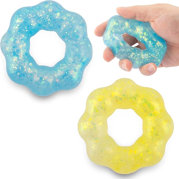 2 Pack Wearable Squishy Stress Relief Toy,Donut Squishy Stress Relief Toys,Crystal Glitter Bracelet Soft Sensory Fidget Toy (Blue Yellow)