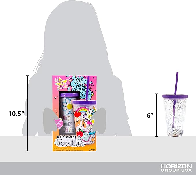 Just My Style DIY Sticker Tumbler, Style & Embellish Your Own BPA Free VSCO Glitter Water Tumbler, Reusable Stickers Included, Great Back To School Gift, Birthday Gift for Girls Ages 6, 7, 8, 9, 10