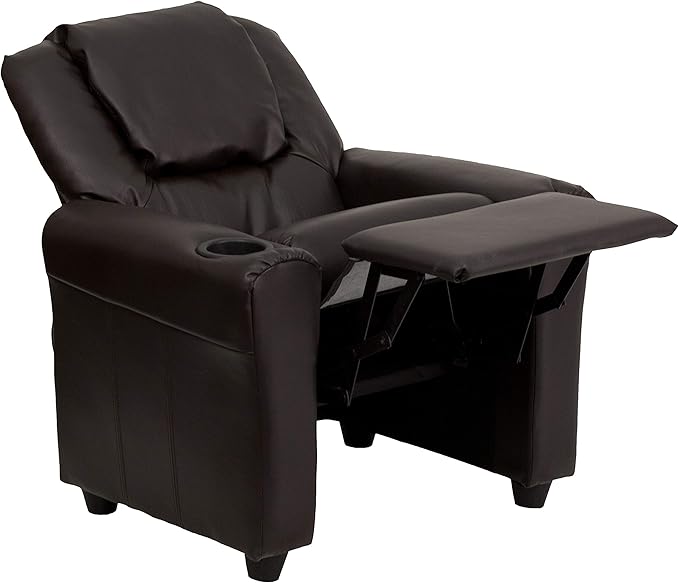 Flash Furniture Vana LeatherSoft Kids Recliner with Cup Holder, Headrest, and Safety Recline, Contemporary Reclining Chair for Kids, Supports up to 90 lbs., Brown