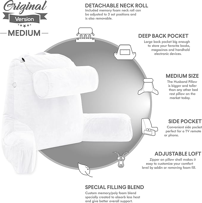 Husband Pillow Medium White, Backrest for Kids, Teens, Petite Adults - Reading Pillows with Arms, Adjustable Loft, Plush Memory Foam, Bed Rest Chair for Sitting Up, Detach Neck Roll, Removable Cover