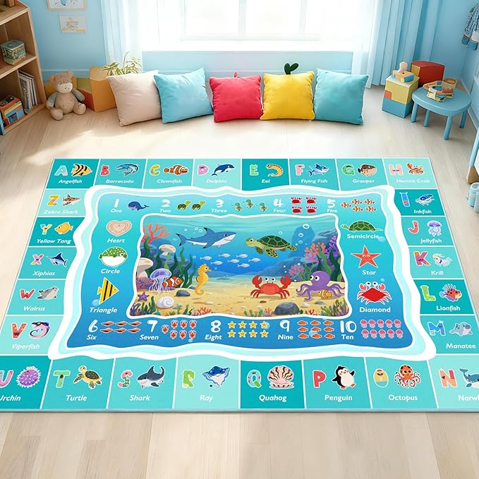 ABC Kids Ocean Rug for Playroom, 5x7ft Alphabet Classroom Rug, Educational Kids Play Mat with Number Shape Animal, Learning Area Rug for Nursery Bedroom Kidsroom, Colorful Non-Slip Washable