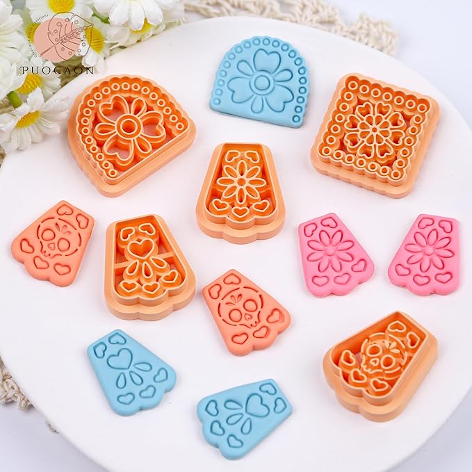 Puocaon Papel Picado Clay Cutters - 5 Pcs Mexican Tile Clay Cutters for Polymer Clay Jewelry, Day of the Dead Papel Picado Banner Polymer Clay Cutters for Earrings Making, Folk Art Clay Earring Cutter