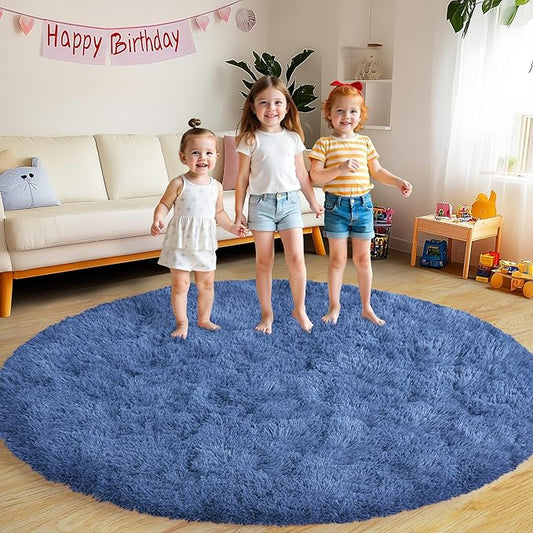 Xexsin Round Fluffy for Bedroom Rugs, 6Ft Navy Blue Shag Circle Rug Non-Slip for Kids Girls Boys Bedroom Dorm Nursery Playroom, Soft Cute Area Rugs for Living Room Decor