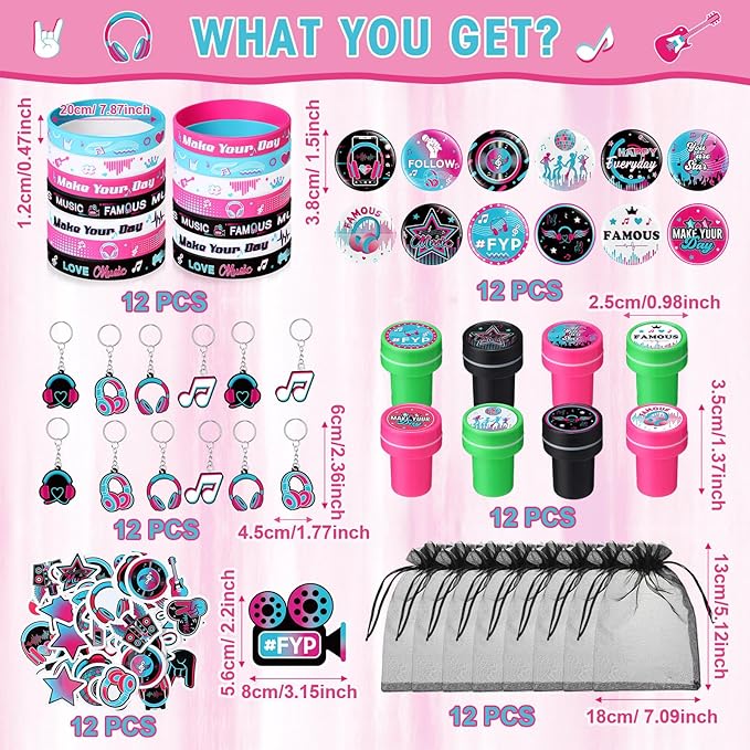 Capoda 110 Pcs Music Party Favor Supplies Kit Media Theme Gift Bag Filler Silicone Bracelets Button Pins Music Keychains Stampers Stickers for Boys Girls Music Birthday Party Decorations Supplies