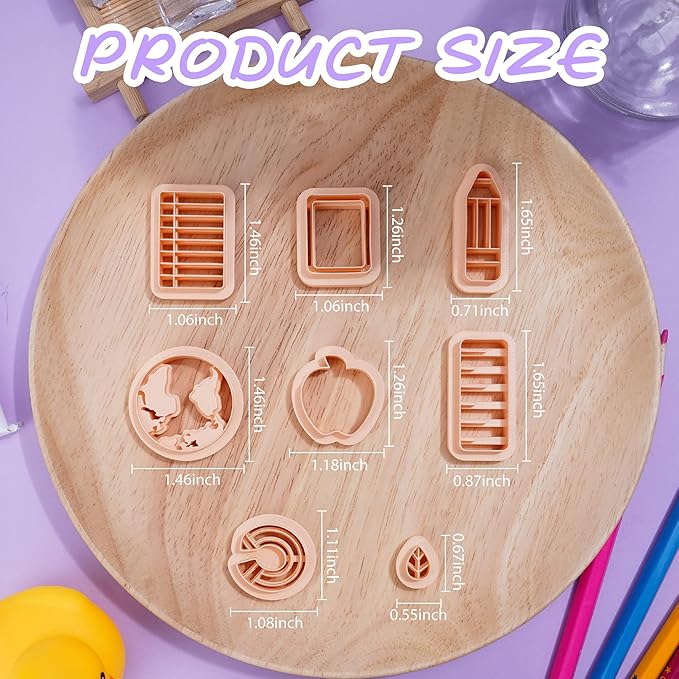 Puocaon Polymer Clay Cutters - Back to School Clay Cutters, Apple Crayon Polymer Clay Cutters for Jewelry Making, Chalkboard Notebook Detailed Embossed Clay Cutters for Earrings Studs Pendant 8 Pcs