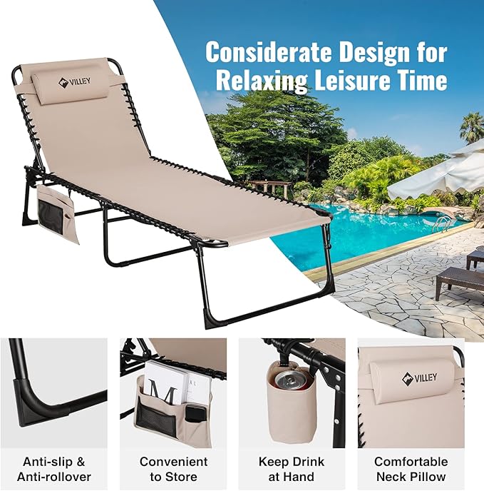 VILLEY Oversize Chaise Lounge Outdoor, Heavy-Duty Folding Lounge Chair for Outside, Portable Trifold Beach Lounger with 5 Adjustable Positions for Outdoor, Patio, Beach, Lawn, Backyard, Camping -Beige