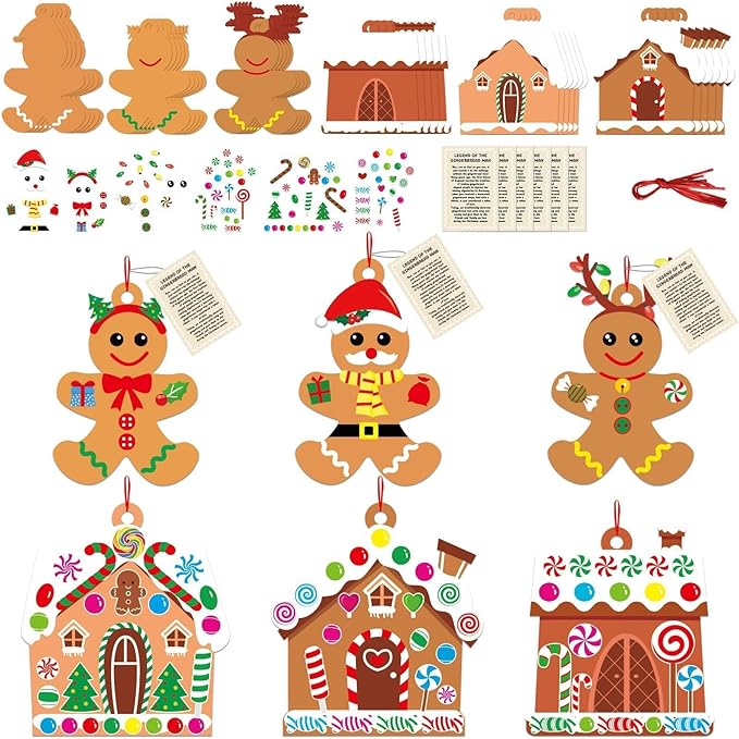 36 Sets Christmas DIY Art Craft Kits Gingerbread Men and House Ornament Art Sets Winter Christmas Stickers Arts and Crafts Bulk for Kids Winter Holiday Xmas Classroom Activities Games Party Decoration