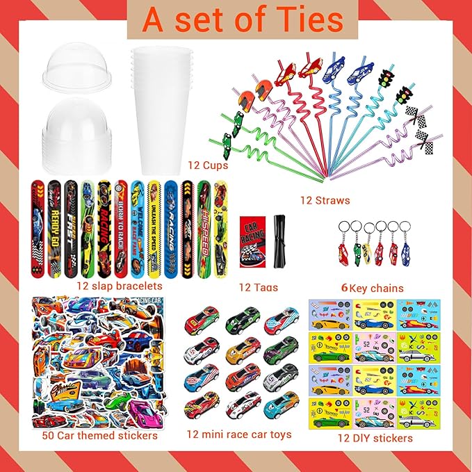128 Pcs Race Car Party Favors, Race Car Birthday Party Decoration, Christmas Race Car Party Decoration, Including Cup Straw Buckle Bracelet Mini Car Stickers Keychain For New Year Gifts Party Supplies