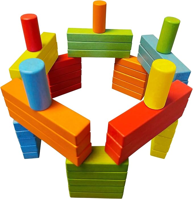 Magnetic Building Blocks Set - 45 Pieces, 25 Colorful Wooden Bricks with 2 Magnets, 15 with 3 Magnets, 5 Risers