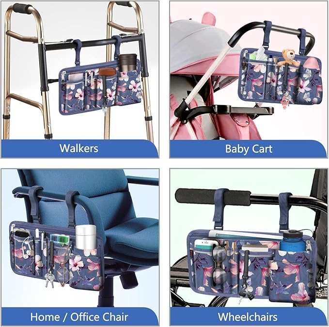 FINPAC Wheelchair Side Storage Bag w/Cup Holder, Wheelchair Armrest Accessories Pouch with Pen Slot and Reflective Strips for Power Walkers, Rollators, Seniors - Blooming Hibiscus