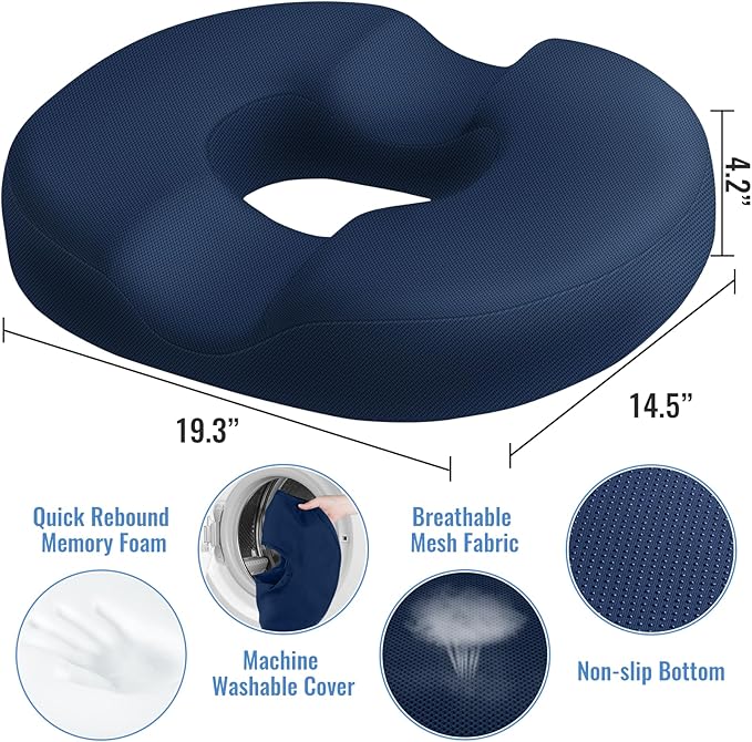 CloudBliss Donut Pillow Seat Cushion Chair Pad for Tailbone Pain Relief and Hemorrhoids, Memory Foam Seat Chair Cushion for Men and Women for Home & Office, (Blue-2XL)