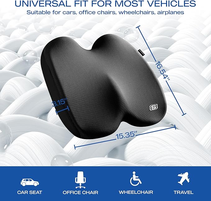 Skechers Seat Cushion, Ergonomic Memory Foam Cushion for Long Sitting Hours on Office & Home Chair, Car Seat Cushion for Sciatica, Coccyx Cushion,Black