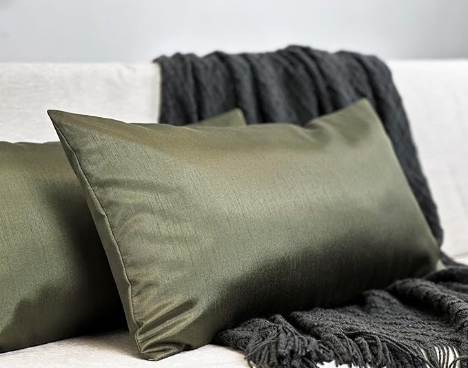 Aiking Home 12x24 Inches Faux Silk Rectangular Throw Pillow Cover, Zipper Closure, Sage (Set of 2)