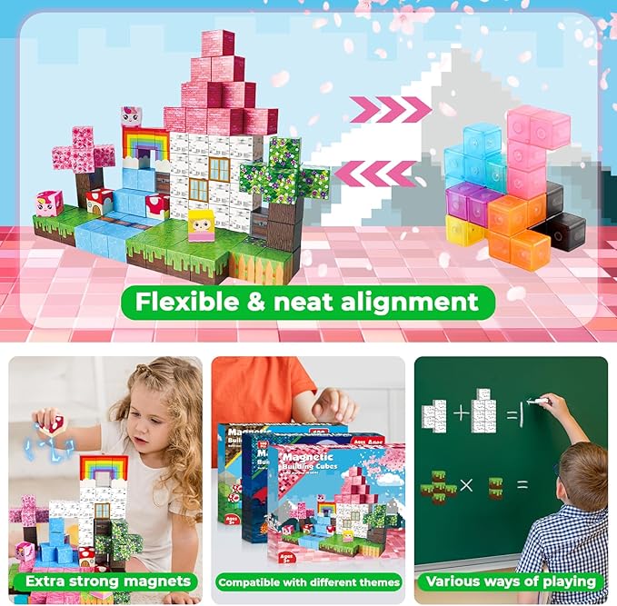 Goody King Magnetic Blocks | 100PCS Building Magnetic Pink Castle Magnetic Set,Magnetic Building Cube Game for Kids Age 3 4 5 6 7 8 9 10, STEM Montessori Stacking Toy, Sensory Tiles Building Christmas