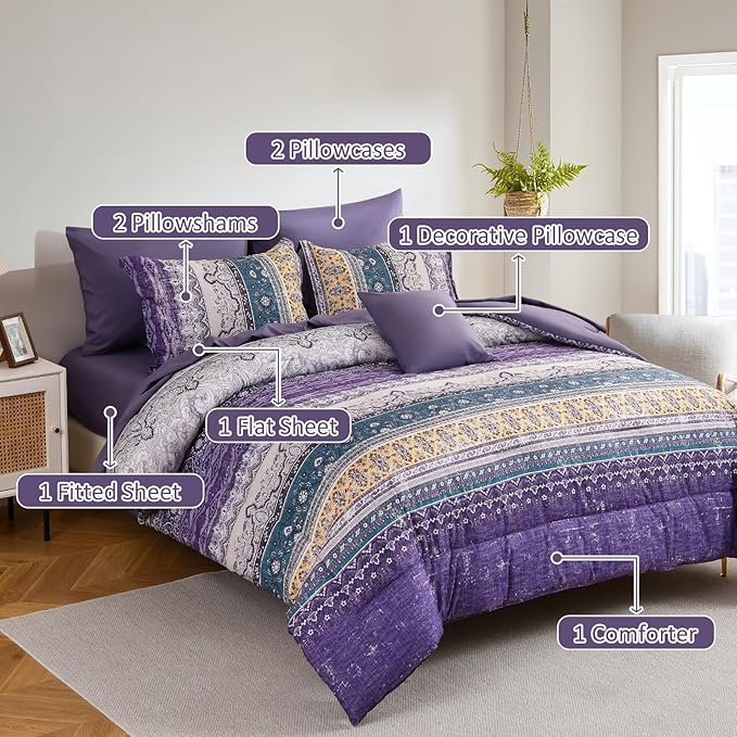 Cottolester Boho Queen Comforter Set 8 Pieces, Violet Bohemian Striped Bed in a Bag, Paisley Soft Microfiber Bedding Comforter Set