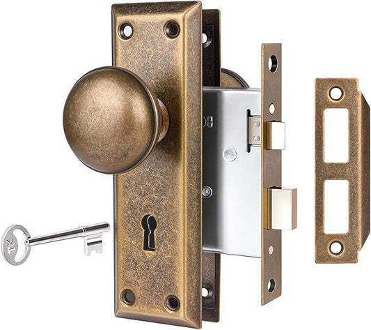 Mortise Lock Set for Interior Door, Vintage Door Knobs with Lock and Skeleton Key, Antique Brass Door Knobs for Old Style Doors