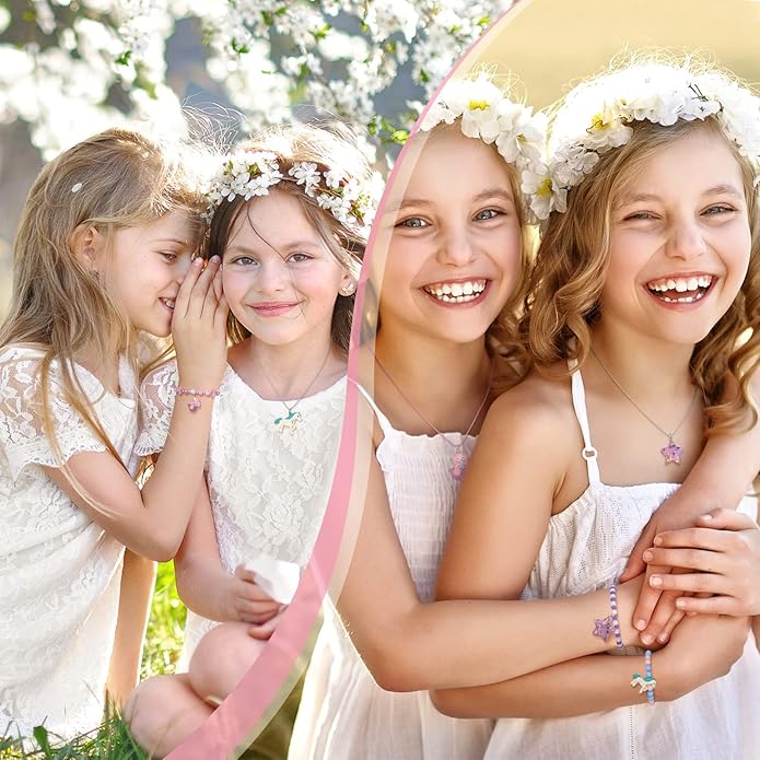 Bonuci 12 Pcs little Girls Jewelry Kids Necklaces and Bracelets Set Kids Jewelry for Girls Christmas Gift Cute Charm Toddler Bracelets for Pretend Play Dress Up Party Favors