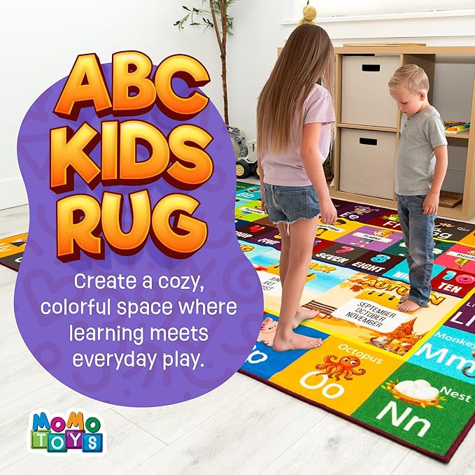 Educational Rug – Non-Slip ABC Carpet for Kids Room – 55" x 39" Soft Alphabet Kids Rug for Playroom, Daycare, Preschool, Classroom, Play Mat – Childrens ABC Mat with Letters Numbers Animals Months