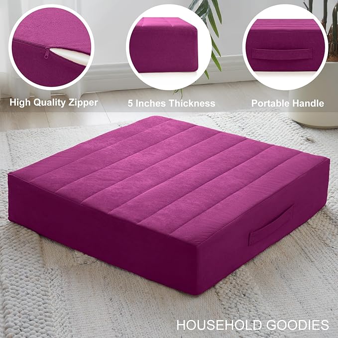 2 Pcs High Density Foam Floor Pillow - Upgraded Large Pillows Seating for Adults - Outdoor Floor Cushion with Soft Tufted Cover - Yoga Pillows for Sitting On Floor - 22 Inch Purple