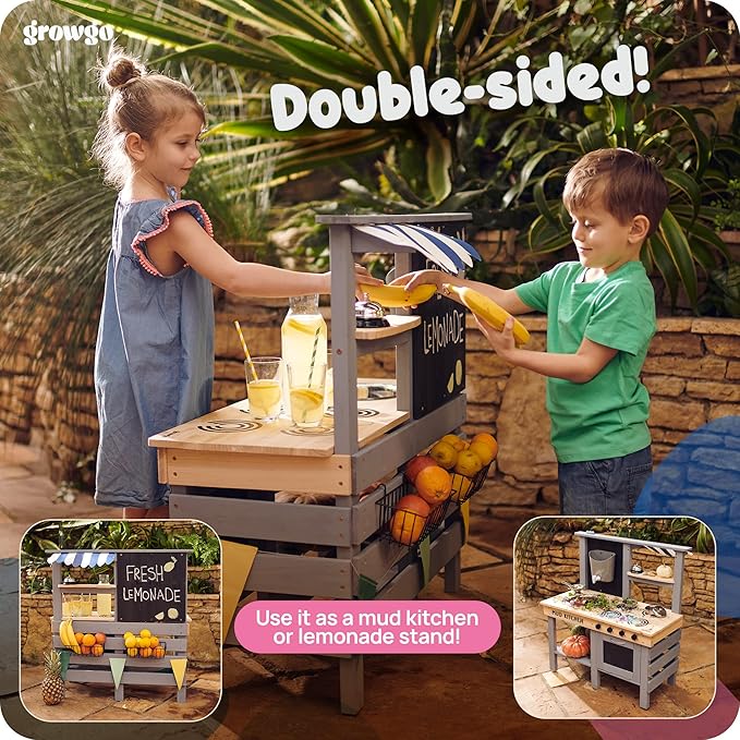 2-in-1 Mud Kitchen for Kids Outdoor with Utensils, Grocery Store Pretend Play - Lemonade Stand and Market Playset for Outdoor Fun - Perfect for Cooking, Role-Playing, and Creative Imagination