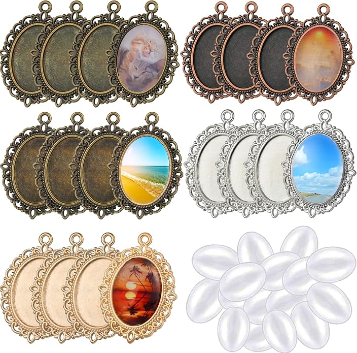 Bezel Pendant Trays Gold and Sliver, Rhinestone Bezel Pendants Trays for DIY Jewelry Craft Making, Picture Necklace Pendant Trays with Clear Glass Cabochons and Chains