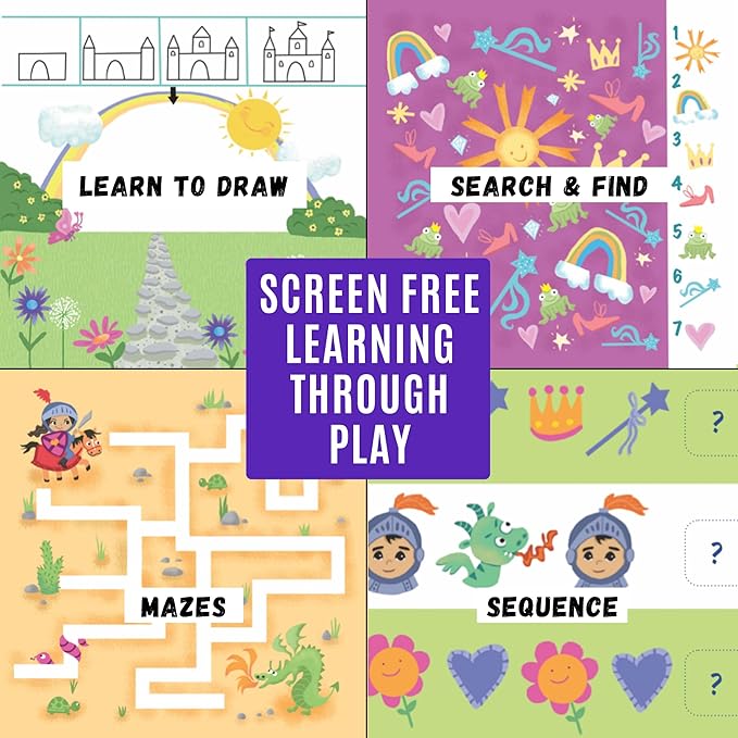 Kids Small Size Travel Educational Activity Books with Washable Markers (7"x7") - Car and Airplane Activities - Search and Find, Reusable Stickers for Ages 4, 5, 6 (Jungle & Princess)