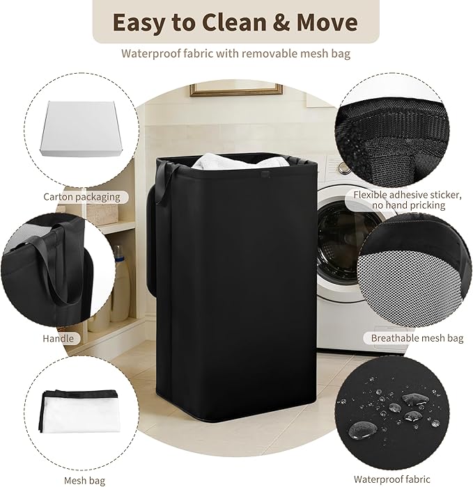 80L Large Laundry Hamper with Lid, Foldable Laundry Bag for Washing Machine with Removable Inner Bag, Dirty Hampers for Bedroom, Bathroom,Laundry Room, College (Black)