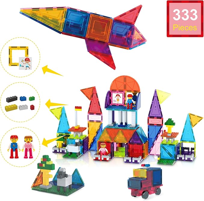 PicassoTiles 333pcs Magnetic Brick Tile and Magnetic Tile Combo Set, Action Figures included, Building Blocks STEM Toys, Educational Montessori Preschool Toddler classroom learning toys, Kids activity