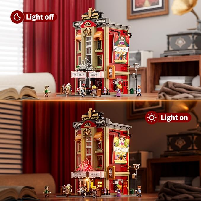 FUNWHOLE Balcony-Theatre Lighting Building-Bricks Set - City Town Creator House LED Light Multi-Form Modular Collectible Display Kit 2445 Pcs for Adults and Movie Lovers