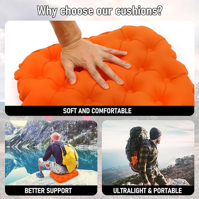BreezCamp Inflatable Seat Cushion, Lightweight Stadium Seat Pad, Camping Accessories Chair Pad for Airplane Travel, Hiking, Climbing, Home and Office,Orange