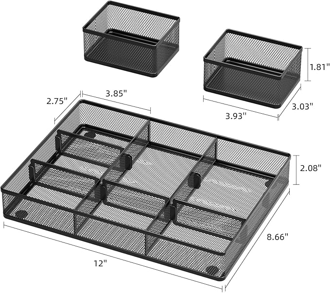 Marbrasse 3 Packs Desk Drawer Organizers, Metal Mesh Dividers Desk Drawer Organizer Tray with 9 Adjustable Compartments, Pen Organizer for Drawer Tray Box Accessories for Desktop,Kitchen, Makeup