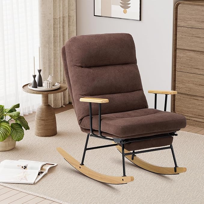 Rocking Chair with Footrest-Glider Rocker Chair with Retractable Footrest and Adjustable Backrest, Teddy Upholstered Rocking Chair, Modern Accent Chair for Living Room/Nursery/Bedroom/Outdoor-Brown