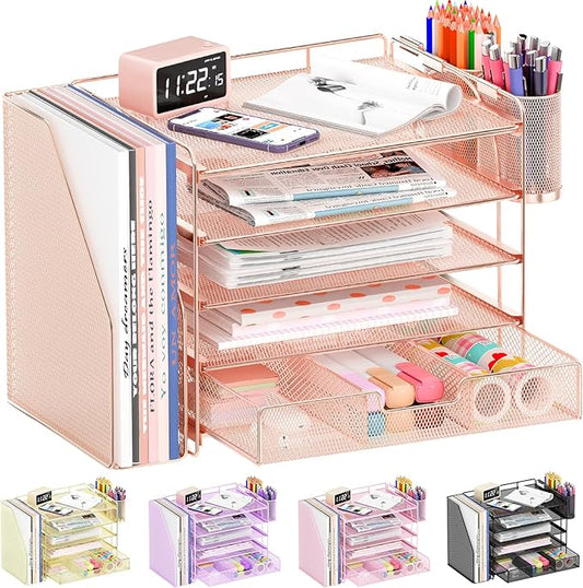 OPNICE Desk Organizer, 5-Tier Paper File Organizer with Drawer & Pen Holder, Office Desk Accessories, Workspace Desktop Organizer for Office Supplies(Rose Gold)