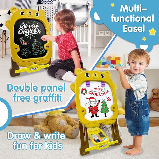 Kids Easel for Toddlers with Chalk Board and Dry Erase Easel, Easel for Toddlers Ages 2-4 & 5-8, Educational and Popular Gift Toys for Girls and Boys, Back to School Gifts for Students