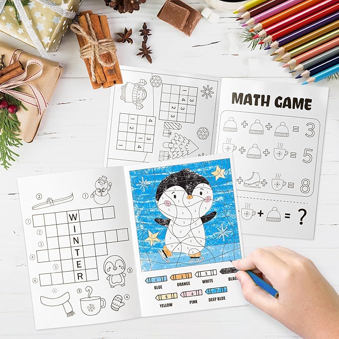 ANGOLIO 24Pcs Hello Winter Activity Coloring Books Including Snow Snowman Polar Bear Penguin DIY Art Drawing Patterns Learn Math Party Favors Christmas Gifts Home Classroom Activity Supplies for Kids