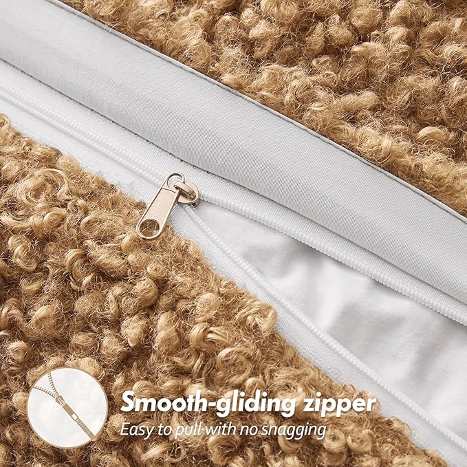 Woaboy Faux Fur Throw Pillow Covers 18x18 Inch Set of 2 Boucle Neutral Decorative Sherpa Fuzzy Accent Soft Sheepskin Fleece Cushions Modern Home Decor for Couch Sofa Bedroom Living Room,Light Brown