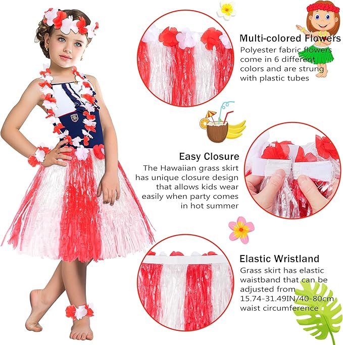 Fortuning's JDS Hawaiian Hula Grass Skirt for Girls Elastic Flower Costume Kids Outfits for Luau Tropical Beach Party Decor