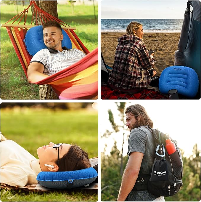 BreezCamp Inflatable Camping Pillow, Travel Blow Up Air Pillow, Neck Lumbar Support Ultralight Compact Pillow for Outdoor Hiking Backpacking Car Beach Airplane Sleeping Essentials, Navy Blue
