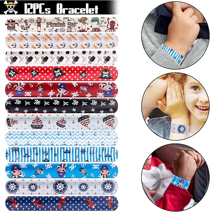 96PCS Pirate Party Favors Supplies Pirate Gold Coins Pirate Gem Pirate Keychain Rings Bracelets Pirate Eye Patch Mustache Tattoos for Birthday Party Goodie Bag Fillers