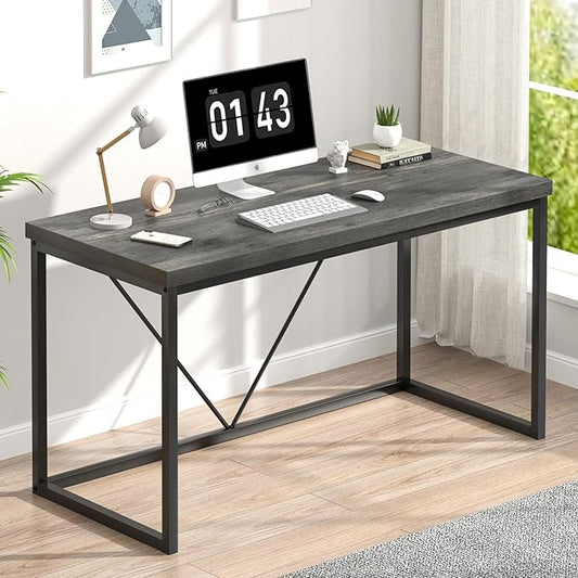 EXCEFUR Modern Computer Desk, Small Home Office Desk, Wood and Metal Writing Study Table Workstation for Bedroom Living Room, Rustic Grey, 47 inch