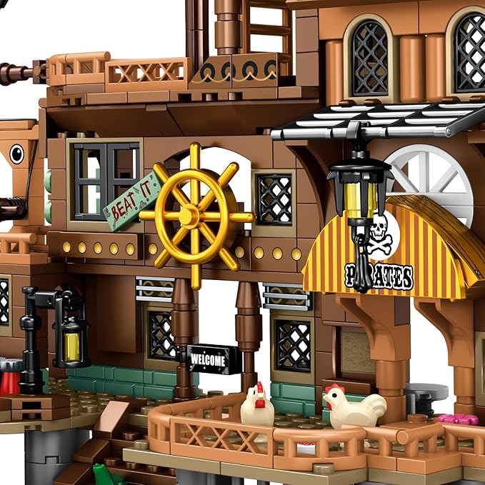 RiceBlock Pirate Ship Building Toys, Pirate Wharf Themed City Store Building Bricks Sets for Boys Age 8-12, 573 Pieces, Ideal for New Year 2024