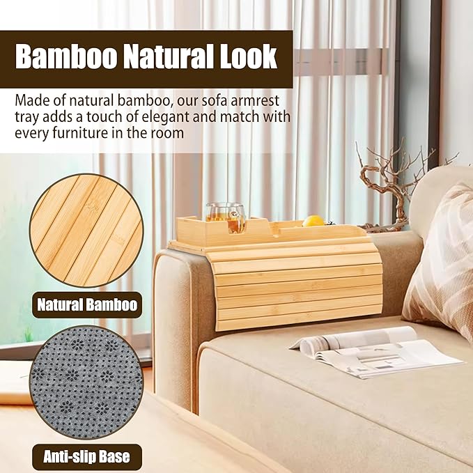 Bamboo Couch Cup Holder, Foldable and Anti-Slip Sofa Arm Table with Detachable Sofa Arm Organizer Tray, Portable 2 in 1 Sofa Armrest Tray for Drink, Coffee, Cup, Remote, Snacks, Cellphone, Glasses