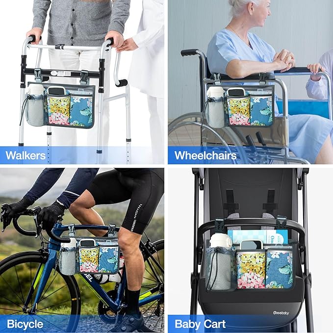 Wheelchair Bag, Walker Bag, Wheelchair Side Bag, Armrest Organizer Pouch with Cup Holder Attachment and Reflective Strip, Accessories for Most Wheelchairs, Walker, Rollators, Blue Flowers