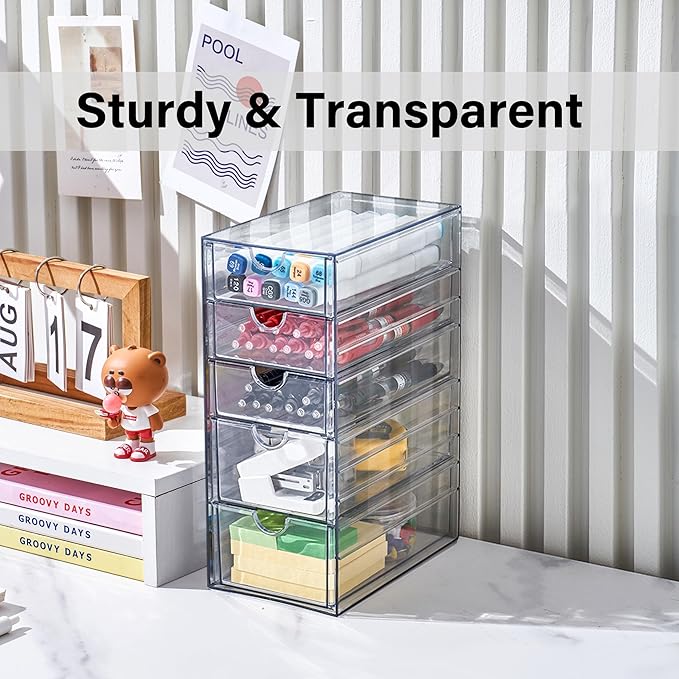 Prsildan Acrylic Drawer Makeup Organizer with 5 Drawers, Hair Accessories Organizer, Office Desk Organization, Clear Stackable Storage Drawers for Vanity, Countertop, Craft, Jewelry